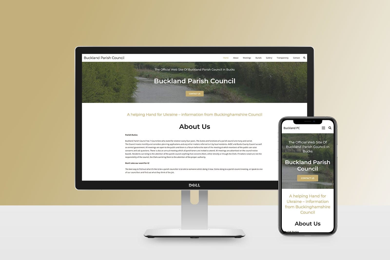 Desktop and Mobile View of the landing page for Buckland Parish Council