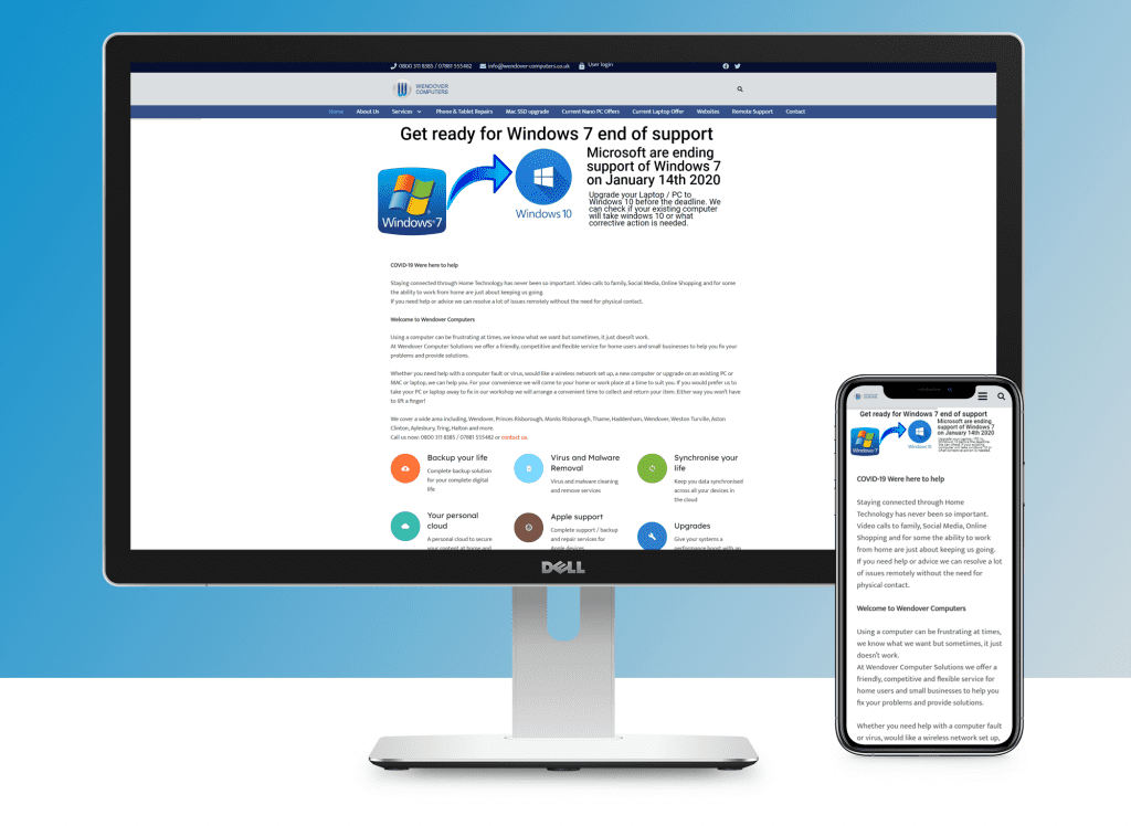 Desktop and Mobile View of the landing page for Wendover Computers